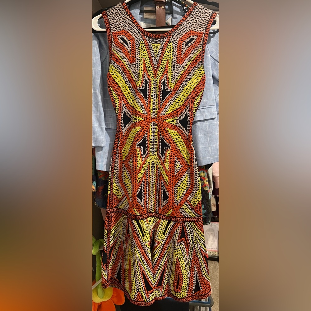 Herve Leger Red and Yellow Halter Sheath Dress